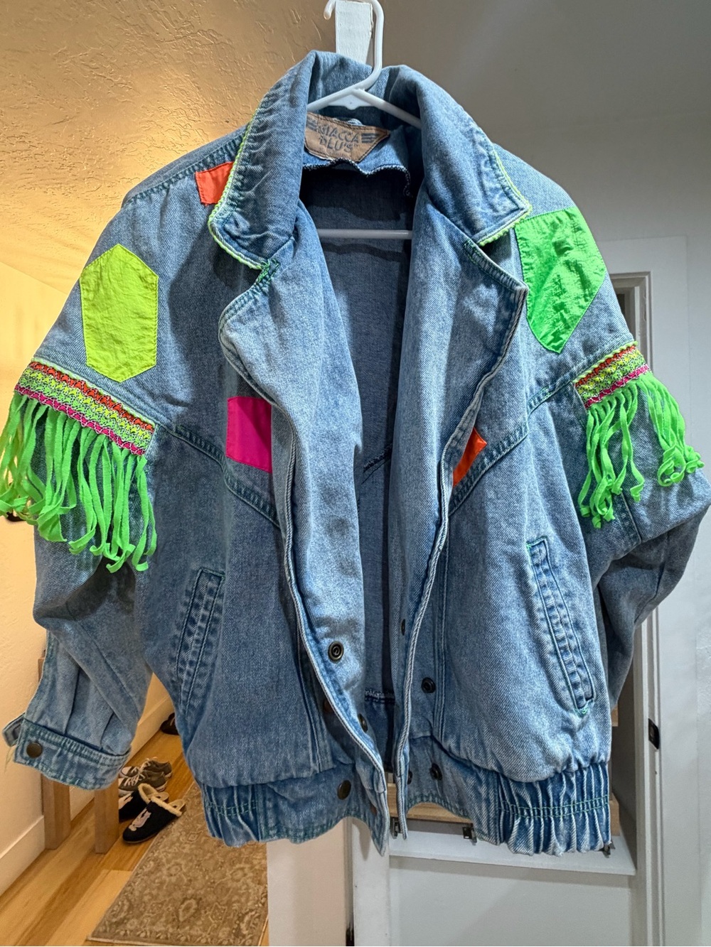 giacca Neon Fringe Denim Jacket in Blue with Green, Pink & Orange Accents